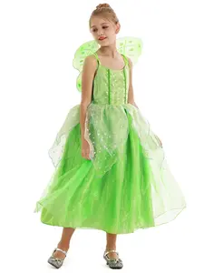 Tinkerbell Costume for Little Girls Princess Fairy Green Wings Dress with Sparkle for Birthday Party Halloween Cosplay Outfit