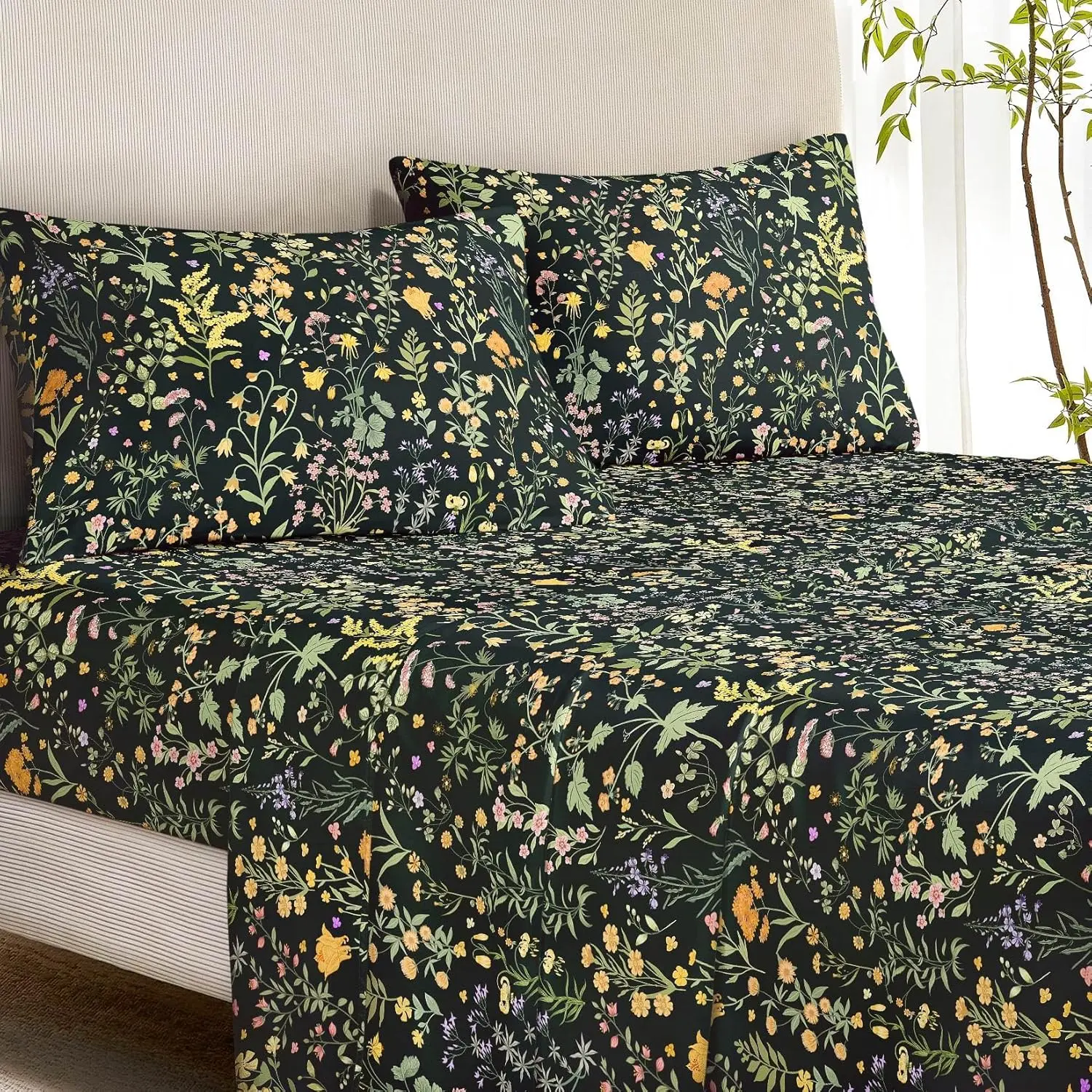 Queen Size 4-Piece Microfibre Sheet Set, Deep Pocket Botanical Print Fitted Sheets, Dark Green Cottagecore Vintage Floral Bedding, Easy Fit, Machine Washable, Durable