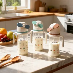 Baby Bottle Training Cup，Kids PP Anti-Spill and Anti-Colic Training Cup with Temperature Sensitive Scale