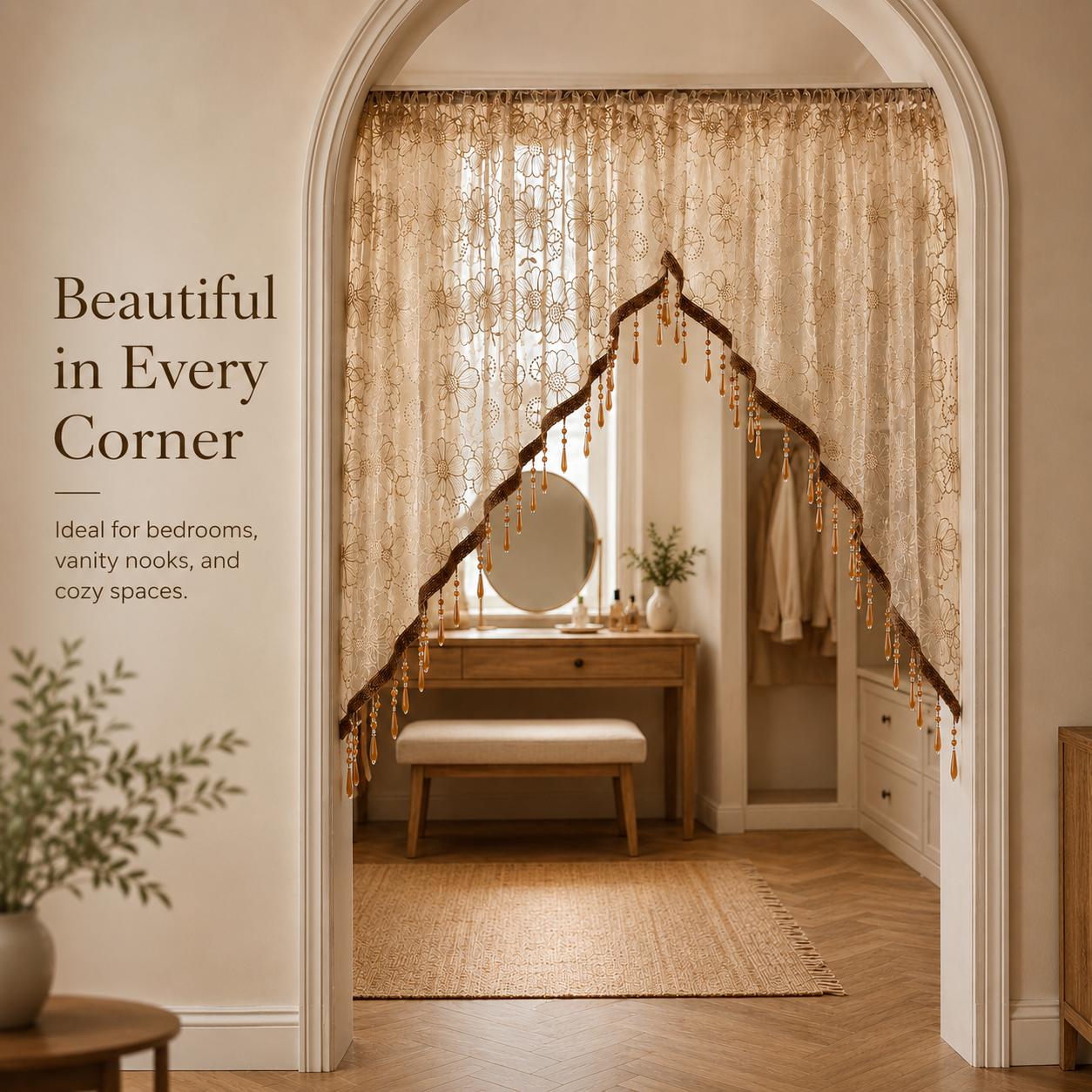 Bohemian Unisex Sheer Lace Home Decoration Curtain - Beaded Fringe Window Hanging, Light Privacy Room Divider Curtain for Bedrooms, Renters, Bead Curtains