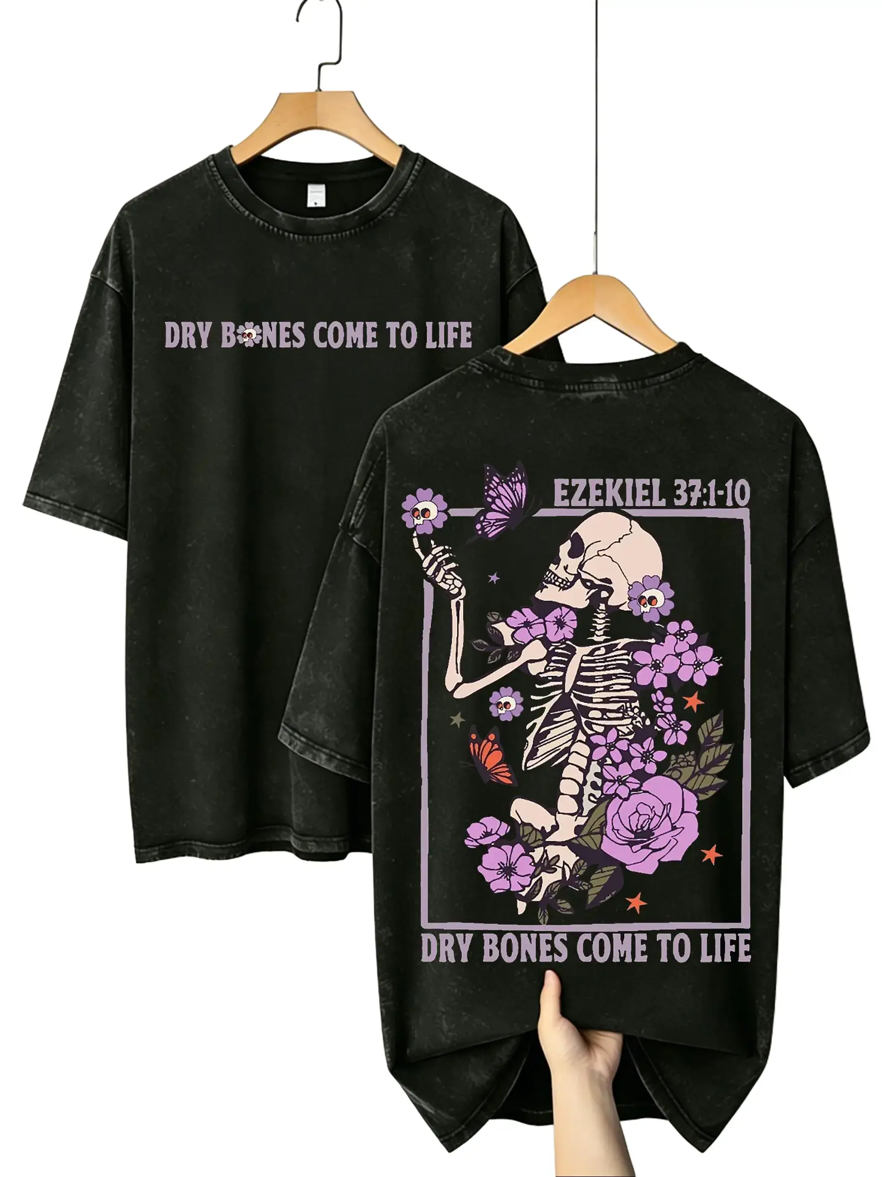 Menswear Baggy Round Neck Oversized Christian Graphic T-Shirt - Unisex 230G Washed Heavyweight Cotton, Ezekiel 37 Dry Bones Come to Life Print, Shortsleeve Loose Fit Vintage Streetwear Mall Goth Top