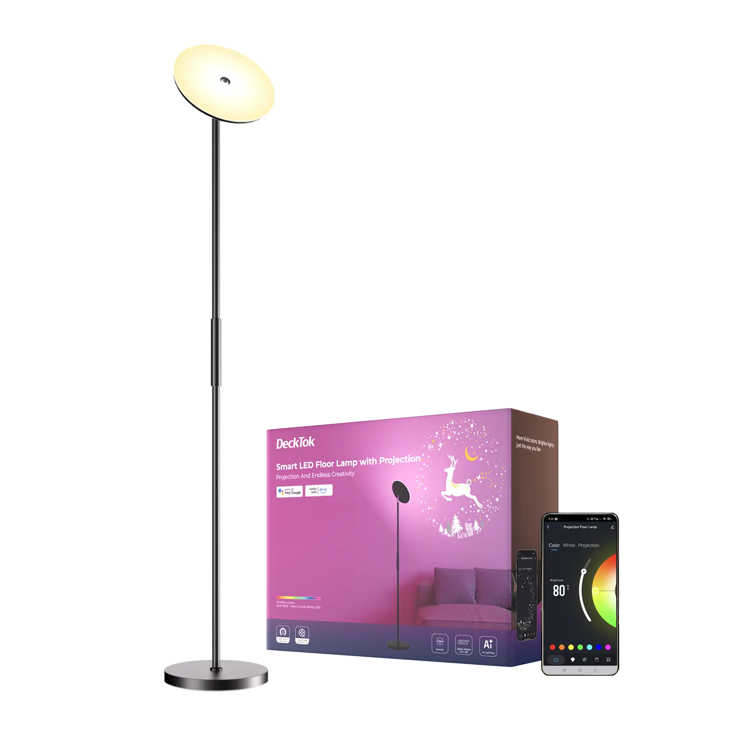 Projection Floor Lamp, 1600LM Bright Floor LED Lamp RGBWW Color Changing Adjustable Angle Floor Lamp for Bedroom Living Room Gaming Room