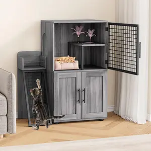 Garvee Double Layer Cat Litter Box Enclosure Furniture with Platform and Ladder, Villa Style Wooden Hidden Litter Box Cabinet, Waxed Wood Finish, Suitable for Living Room or Balcony