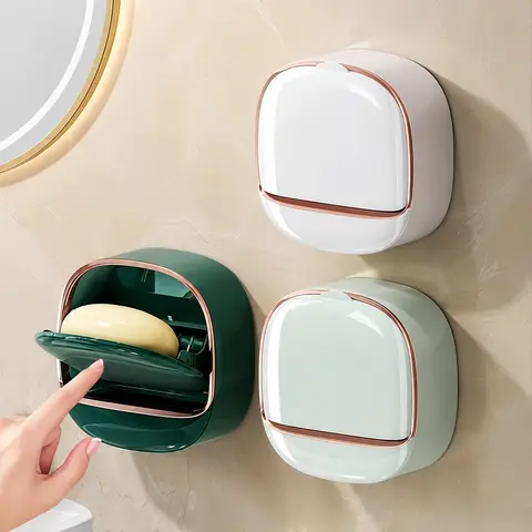 Luxury Wall Mounted Soap Holder with Drain Tray and Free Bath Sponge, Waterproof Adhesive Soap Dish Case Box, Keeps Soap Bars Dry, Bathroom Shower Soap Holder, White