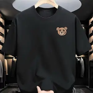 Unisex Fashion Casual Round Neck Bear Pattern T-shirt, Pure Cotton Slightly Elastic Knitted Fabric, Adult Regular Fit Summer T-shirt