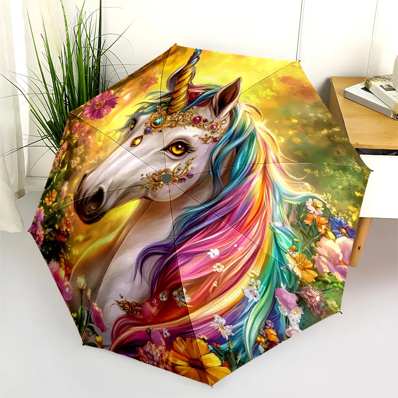 1 PC Automatic Folding Umbrella - Fantasy Unicorn Garden Pattern, Portable & Foldable Design with 8 Ribs, Merry Christmas Pattern,Casual Outdoor Accessory Halloween and Christmas Birthday Gifts. E0094