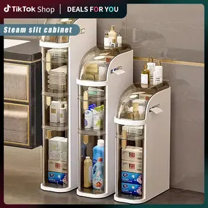 MIAOli Ultra Thin Waterproof Bathroom Locker with Wheels Small Space Floor Cabinet with Toilet Paper Holder for Bathroom Bedroom Living Room in 2/3/4 Tier Styles