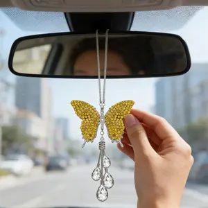 Water Drill Butterfly Design Fringe Car Pendant, Soft Style Hanging Ornament, Interior Rearview Mirror Decoration, Elegant Vehicle Accessory