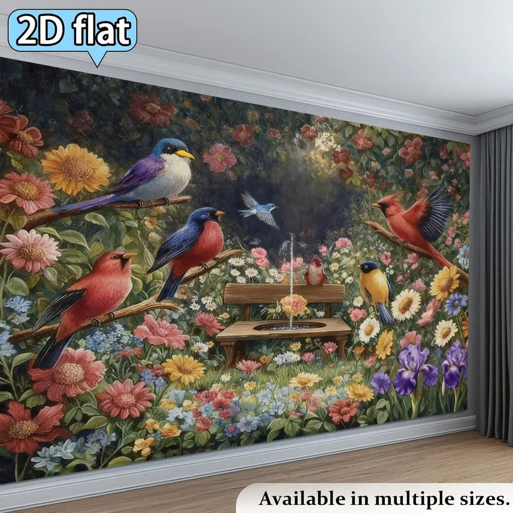2D Flat Polyester Fabric Flower Photography Backdrop - HD Print Vibrant Floral Bird Garden Scene, Soft Lightweight Folding Indoor Background for Party Decor, Studio Shooting