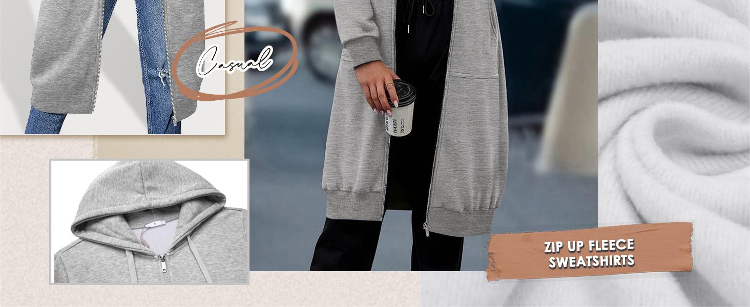 ZEAGOO  Women Casual Zip up Fleece Hoodies Tunic Sweatshirt Long Hoodie Jacket Cotton Long Sleeve fitted striped knitwear summerwins,back to school,back to school shopping