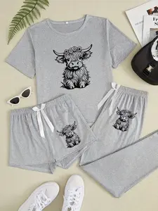 Women's Western Cow Print Pajama Set Pyjamas, Soft Comfortable Fabric, Round Neck Short Sleeve Tee & Pants, Casual Home Wear, All Seasons Sleepwear