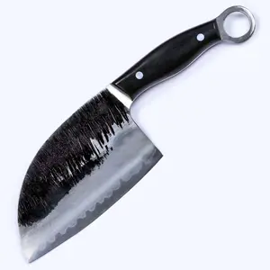 Serbian Cleaver Meat Chopping Knife, For Home Butcher & Campfire Feasts, Midnight Black Hand-Quenched Blade, Convex Grind Razor-Sharp Edge Control, Japanese Forge Craft – Butcher & Collector Gift for Meat Lovers | Meteorite Kodiak 6 Inch