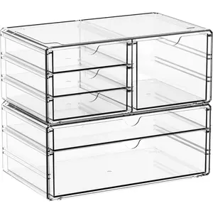 2 Pack  Drawer Organizer With 6 Drawers,Stackable 11.1" Large Clear Storage Drawers and Makeup Organizer For Vanity,Bathroom Countertop,Cabinet,Pantry,Office  Storage Bins Drawers