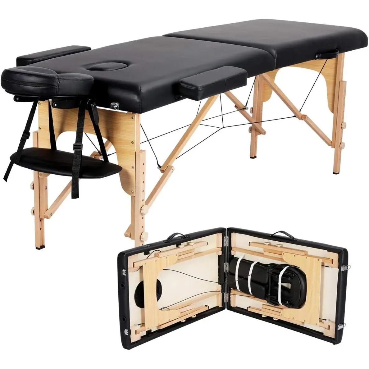 24-in Portable Massage Table - Foldable 2-Fold Spa & Salon Clinic Couch with PU Leather, Beech Wood Legs, Tool-Free Setup, Adjustable Design & Non-Woven Carry Bag, Black, 24" Width