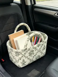 2026 vintage green basket bag, handbag, beautiful floral print handbag with plaid lining, cute storage basket, suitable for women, home and travel use