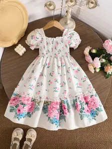 Girls' Floral Print Dress, Casual Style with Small Flowers and Leaf Patterns, Outdoor Spring Summer Dress, Casual Dresses, Single Piece