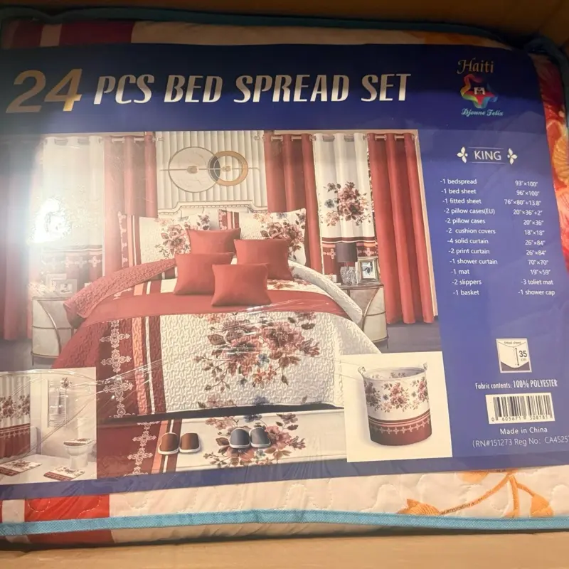 King 24 Pieces Bedspread Set with Floral Design, 100% Cotton, Includes 1 Bedspread, 1 Fitted Sheet, 2 Pillow Cases, 2 Cushion Covers, 2 Solid Curtains, 2 Point Curtains, 1 Mat, 1 Shower Curtain, 1 Basket
