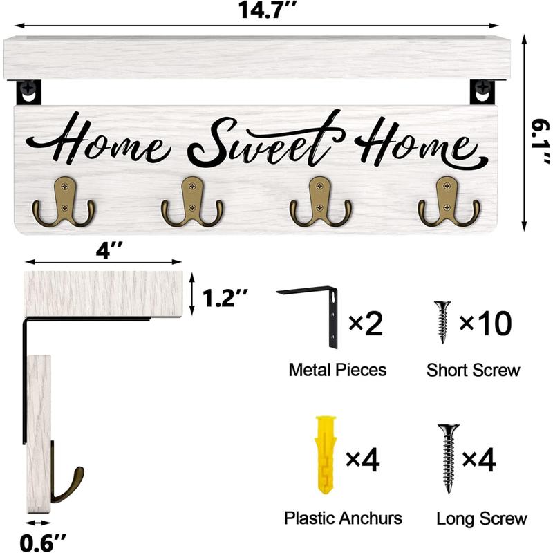 Wall-Mounted Key and Mail Holder, Wooden Key Rack with 4 Double Key Hooks, Rustic Home Decor for Entryway(White) Metal Shelves Decorative Farmhouse