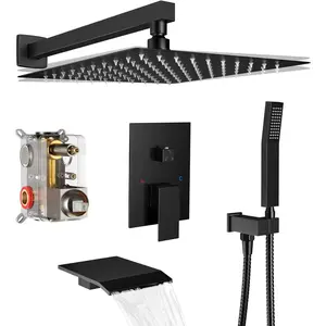 Shower System Rain Shower Faucet Set with Tub Spout,10 inch Bathroom Wall Mounted Waterfall Bathtub Faucet with Handheld  and Rough-in Valve  and Trim kit,Matte Black