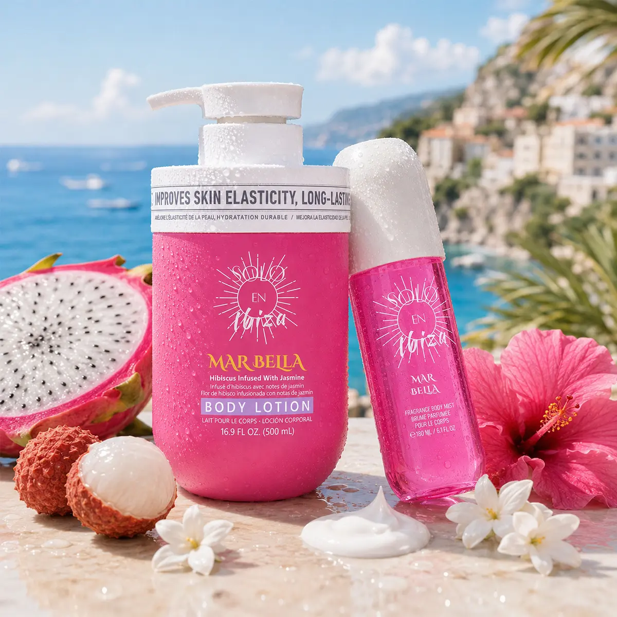 SOLO EN IBIZA Mar Bella Vanilla Fruit Floral Brightening Body Care Duo - 6.1 fl oz (180ml) Fragrance Mist & 16.9 fl oz (500ml) Body Lotion / Body Wash for Beach Days, Long-Lasting Tropical Aroma (Pitaya, Lychee, Jasmine), Dragon Fruit, Soft Skin