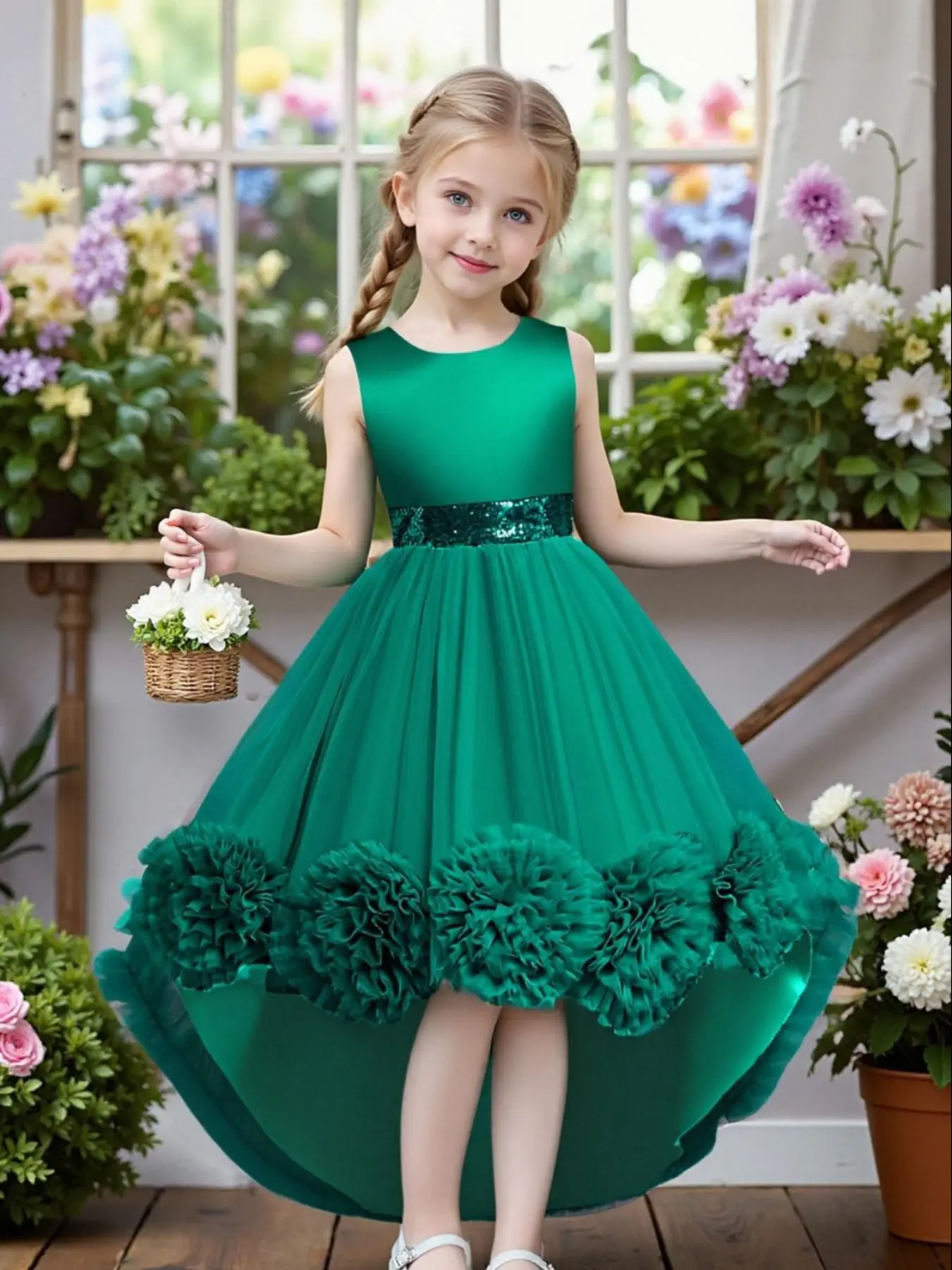 Girl's Contrast Sequin Floral & Bow Decor High Low Hem Tulle Formal Dress, Elegant Frill Trim Sleeveless Zipper Back A Line Dress for Party Performanc
