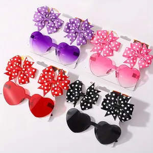 Aylhfo 3pcs Summer Set for Girls: Cute Polka Dot & Heart Fashion Glasses with Bow Hair Clips - Colorful Polyester & Plastic Youngsters' Fashion Accessories