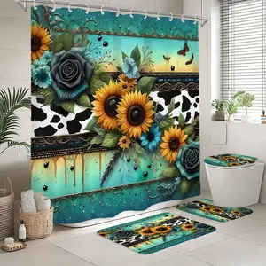 4pcs Retro Country Sunflower & Rose Bathroom Curtain Set, Includes Toilet Lid, Mat, Hooks, Modern Home Decor, Holiday Gift