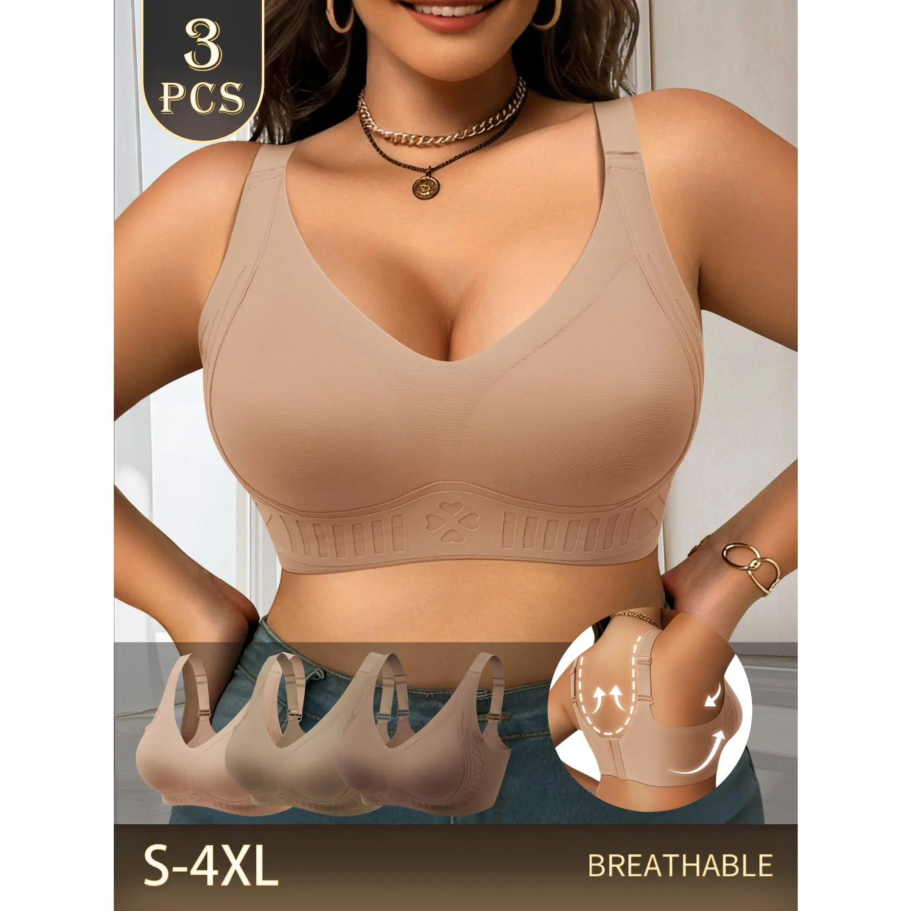 QUASTI Women's 3-Piece Solid V-Neck Wireless Push Up Bra - Mesh Fabric, Light, Stretchable, Basic, Minimalist, Comfortable, Breathable, Full Coverage, Seamless, Soft Lingerie for All Seasons, Plus Size (S-4XL), Bras for Women