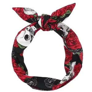 JuneStudioDesign Extra Long Wide Wired Cotton Pattern Headband|Tie Knot|Twisted|Fabric|Dolly Bow|Turban|Hair Bun|Ponytail Scarf|Braid Scarf|Hair Wrap|Vintage|Art Retro|Skeleton & Roses