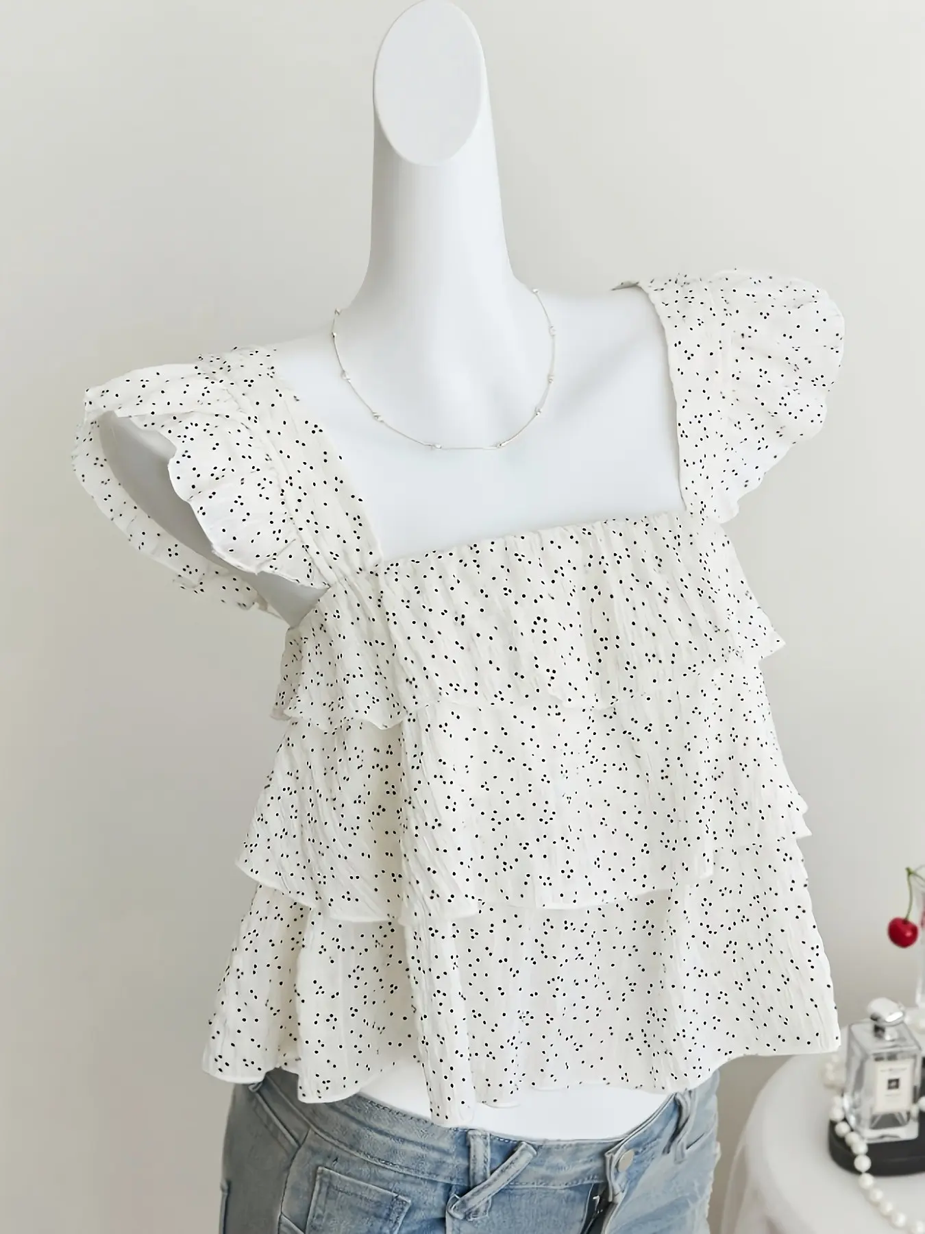 Women's White Polka Dot Square Neck Tiered Ruffle Top, Flounce Sleeve Sleeveless Cropped Blouse, Shirts, Womenswear, Coquette Style, Cute, Trendy Casual Outfit for Brunch, Date Night, Everyday Wear, Feminine Flattering Versatile Staple for All Occasions