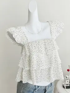 Women’s White Polka Dot Square Neck Tiered Ruffle Top, Flounce Sleeve Sleeveless Cropped Blouse, Cute Coquette Style, Trendy Casual Outfit for Brunch, Date Night, Vacation & Everyday Wear, Feminine Flattering Versatile Staple for All Occasions