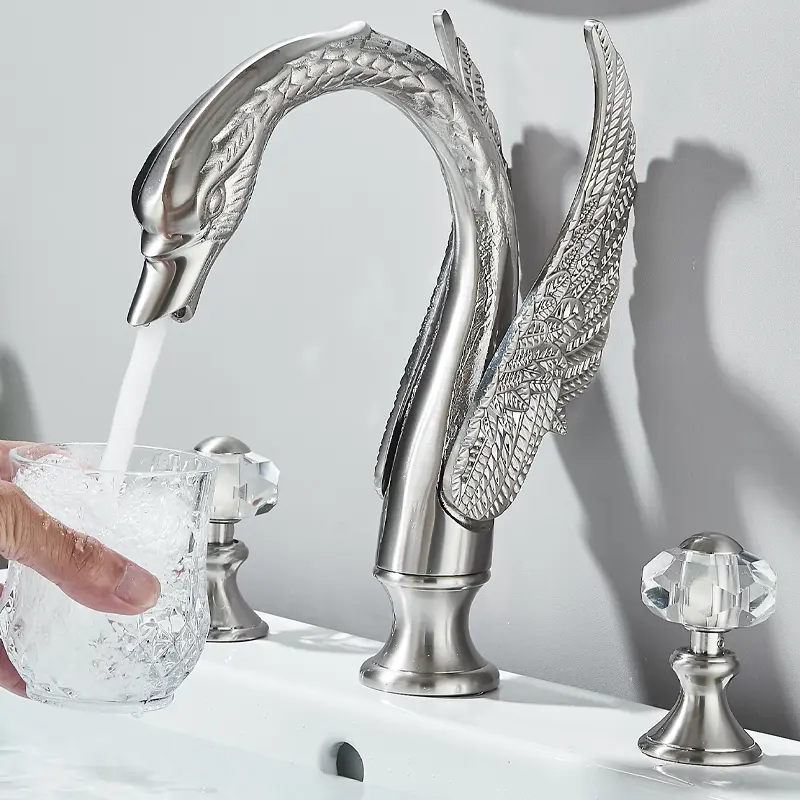 Swan Crystal Brushed Nickel 3 Holes Vanity Brass 2 Handles 8 inch Widespread Unique Bathroom Sink Faucets, Ornate Restroom Basin Taps Fixtures, 3 Pieces Bird Style Faucets (3 Hole, Brushed Nickel)