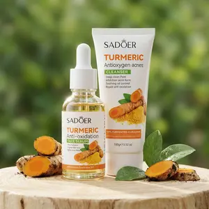 Turmeric Face Cleanser & Serum Set, 100% Fermented Curcumin Antioxidant Skincare, Deep Clean Pores, Brighten Skin Tone, Soothe & Oil Control, Hydrating Daily Routine for All Skin Types