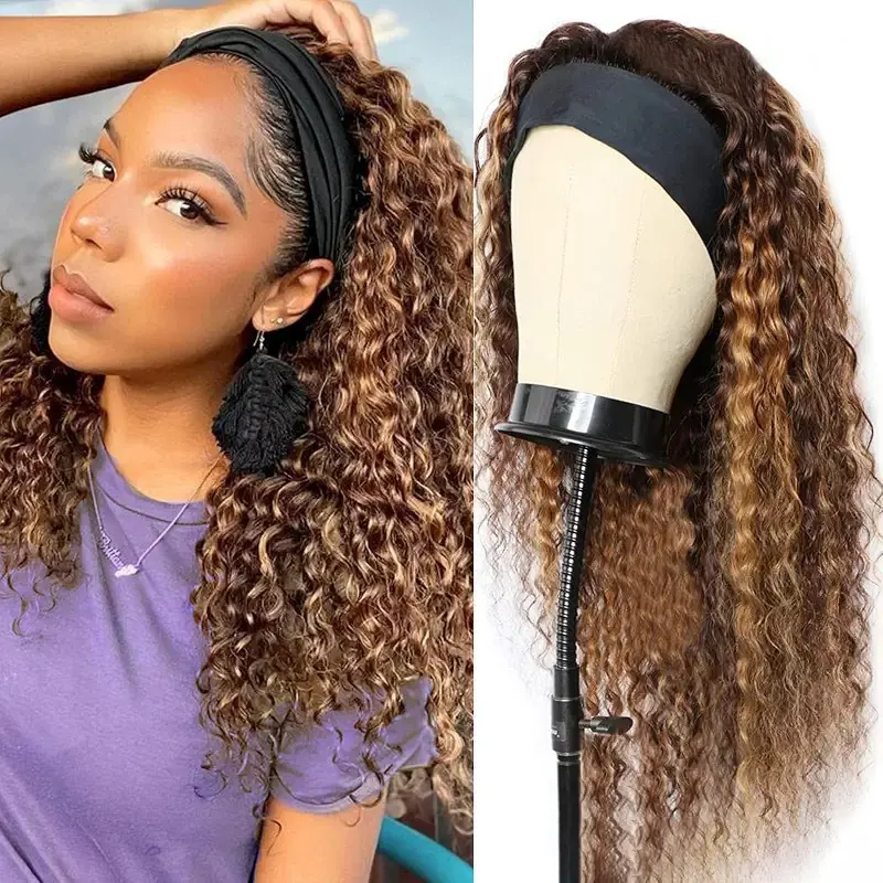 Omber Headband Wig Human Hair Deep Wave #4/27 Highlight Curly Headband Wigs for Black Women Human Hair Glueless None Lace Front Wig Brazilian Virgin Hair Wear and Go Wigs#DealsForYouDays