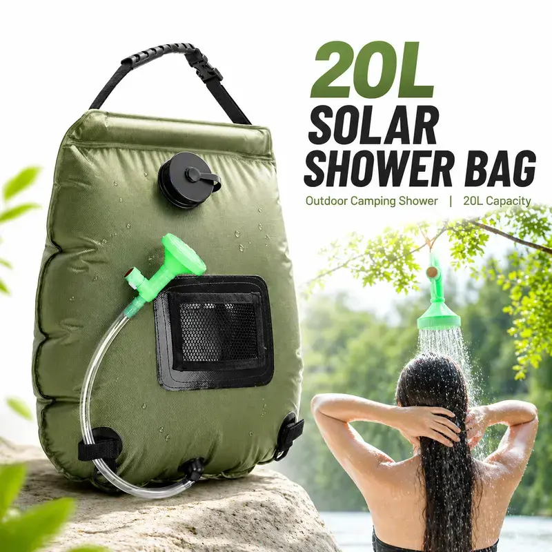 20L (5 gal) Portable Durable Solar Shower Bag, Compact Foldable Solar Heating Water Bag with Removable Shower Head & Hose, Essential Camping Gear for Hiking, Car Camping