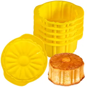 Koluti Pineapple Upside Down Cake Pan Set of 6, Nonstick Silicone Round Cake Mold Cups, Small and Stackable Homemade Decorative Baking Cup Oven Safe (3.8"X3.8"X2.3"), Dishwasher Friendly