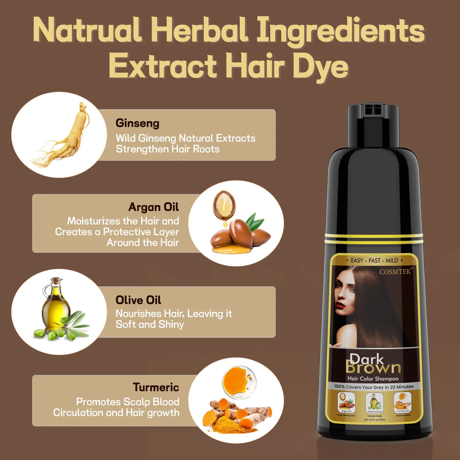 COSMTEK 3 in 1 Hair Dye Shampoo,100% Grey Hair Coverage,Contains