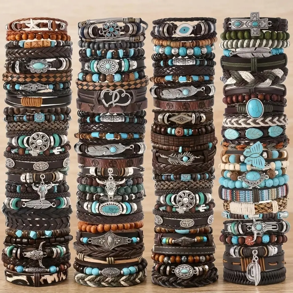 6/11/19/24/30Pcs Vintage Boho Multi-Layer Leather Bracelet for Men Women - Western Core Braided Wrap Cuff with Turquoise Beads, Cactus & Bull Skull Charms, Country Music Concert Cowgirl Outfit Accessories, Handcrafted Jewelry Gift