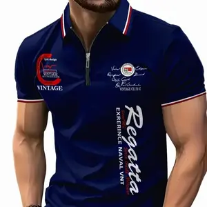 Men's full body digital printed summer short sleeved zipper polo shirt