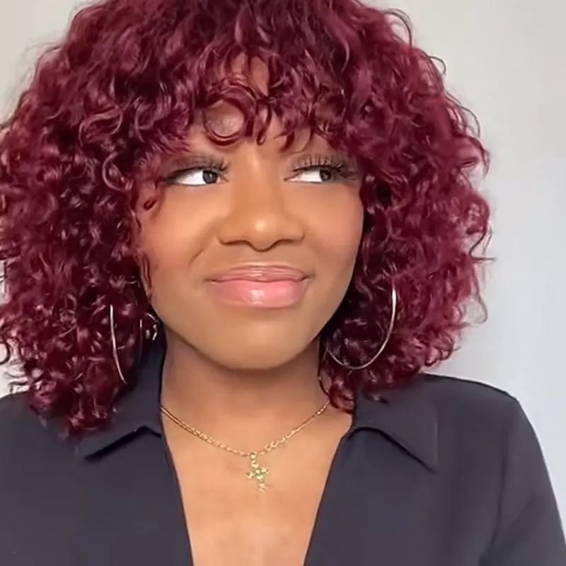 Well Done Forever Wig . 12” -Inches. Human Hair  Full Machine Wig with Blunt Bangs, Middle Part, Jerry Curly, TT1B-99J Color, 12i” 180 Density, Heat Resistant, High Volume for Daily Wear (Non-Lace)