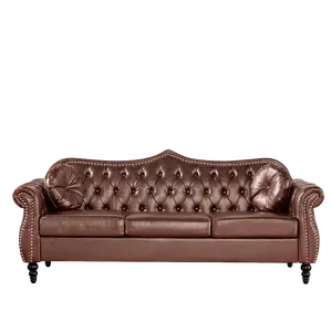 Giratree Furniture 82" Brown PU Leather Three Seater Sofa, Chesterfield Sofa, Mid-Century Modern Upholstered Sofa, Deep Button Tufted Living Room Sofa with Two Throw Pillows