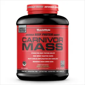 MuscleMeds CARNIVOR Mass Vanilla Caramel Gainer Beef Protein Isolate Shake 50 Grams Protein 125 Grams Carbs 0 Fat 0 Sugar Lactose Free 5 Pound