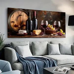 1 Framed Canvas Painting - Modern wine and cheese scene with grapes, rustic warm background, can be used in living room, dining room, office, large canvas painting art Decor Ornaments