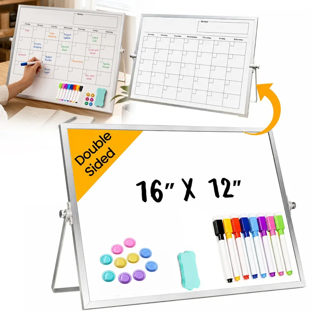 Double-Sided Magnetic Dry Erase Whiteboard (16x12 in) with Bracket - 1 Piece, 10 Erasable Pens, 1 Eraser, 10 Magnets - Lightweight, Portable, Easy Erasing, Stain-Resistant - Ideal for Home Office, Meetings, Erasers