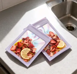 100-Pack Holographic Resealable Bag Zipper Food Storage Aluminium Foil Mylar Smell Bag Plastic Flat Packaging Pouch for Party Favor Food Candy Jewelry Lip Gloss Optional Multi Color