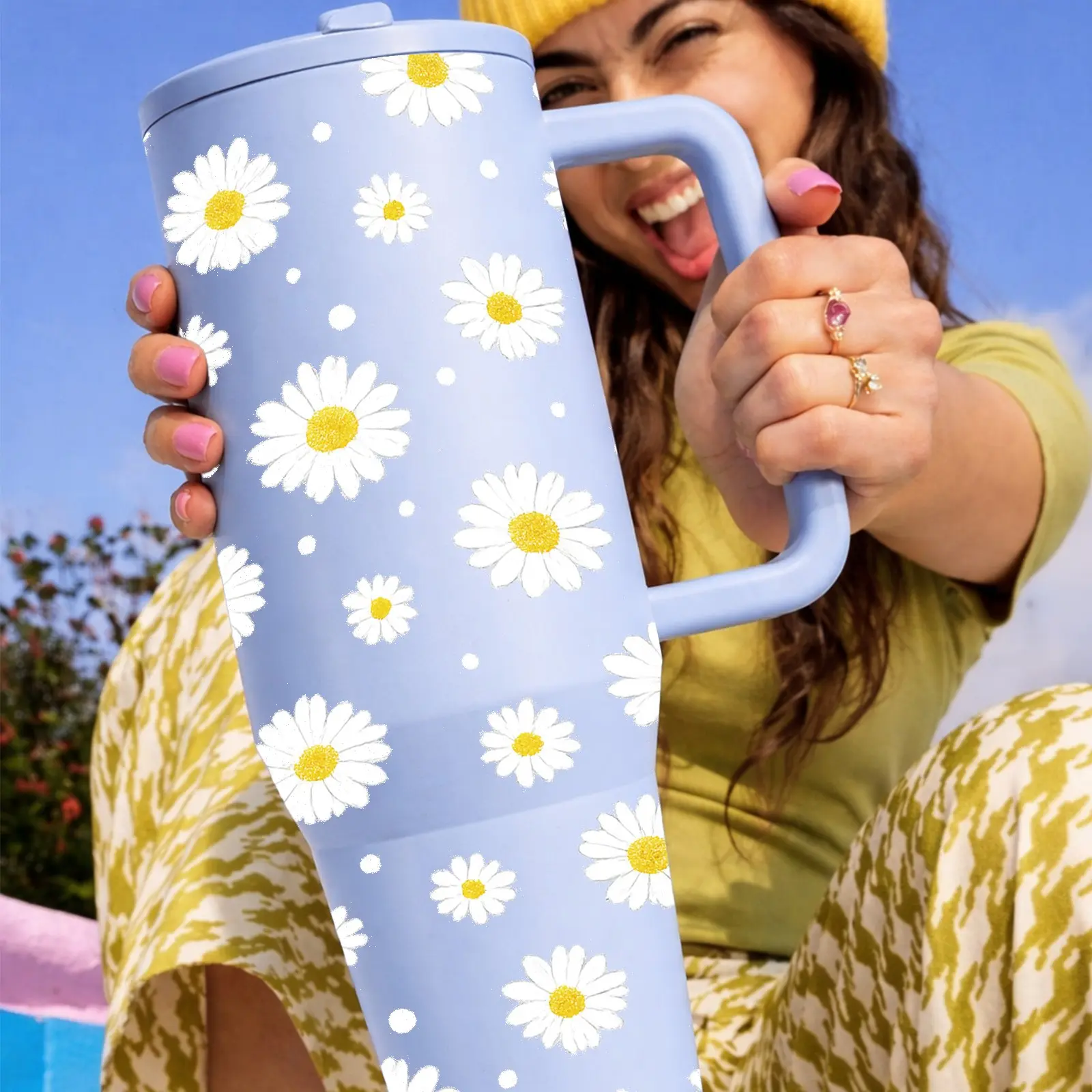 1pc 40oz Daisy Floral Tumbler With Handle And Lid, Pastel Purple Green Stainless Steel Insulated Travel Mug, Double Wall Vacuum Insulation Cup Keeps Drinks Cold 12H Hot 6H, Large Coffee Cup, Gift For Women Mom, Drinkware, Insulated Cups