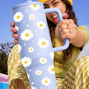 1pc 40oz Daisy Floral Tumbler With Handle And Lid, Pastel Purple Green Stainless Steel Insulated Travel Mug, Double Wall Vacuum Cup Keeps Drinks Cold 12H Hot 6H, Large Coffee Cup For Spring Summer, Cute Gift For Women Friends Mom, Drinkware