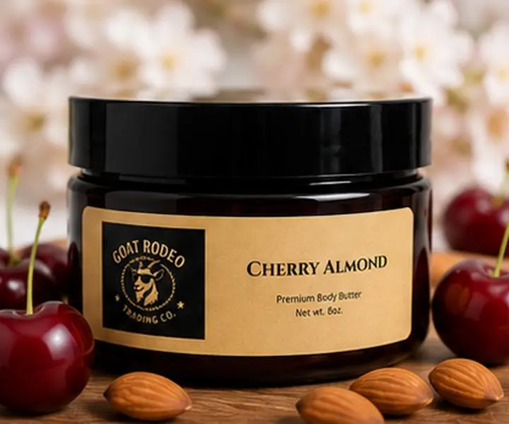 Goat Rodeo Trading Co. Cherry Almond Scent Body Butter - Coconut Oil-Based Hydrating Whipped Moisturizer for Silky Smooth Skin, Unisex Bath & Body Care Fragrance Product, Moisturizers, Fruit, Extra Virgin Olive Oil, Whipped Cream, Intense Hydrates, Single