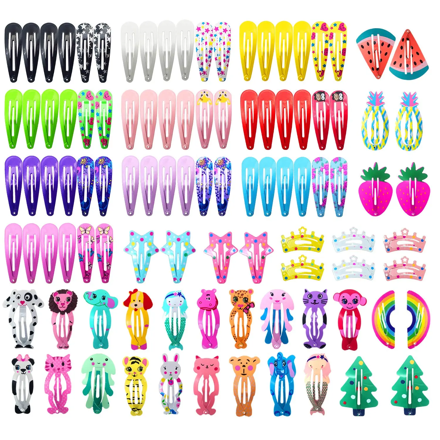 Hair Clips for Girls, 100 Pcs No Slip Metal Snap, Barrettes for Teens Women, Cute Candy Color Cartoon Design Hair Pins (Animals Fruits Crowns Stars)