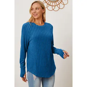 Ribbed Thumbhole Sleeve T-Shirt - Basic Style, 96% Polyester, 4% Elastane, Machine Wash Cold, Tumble Dry Low, Imported - Top